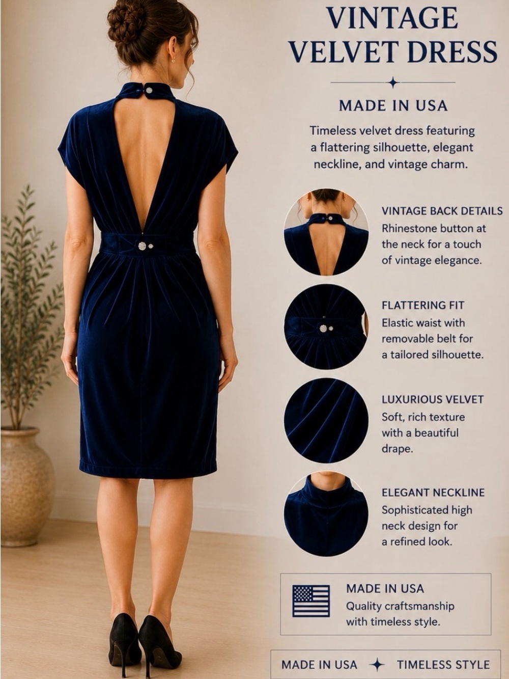 Vintage Velvet Midi Dress - Navy